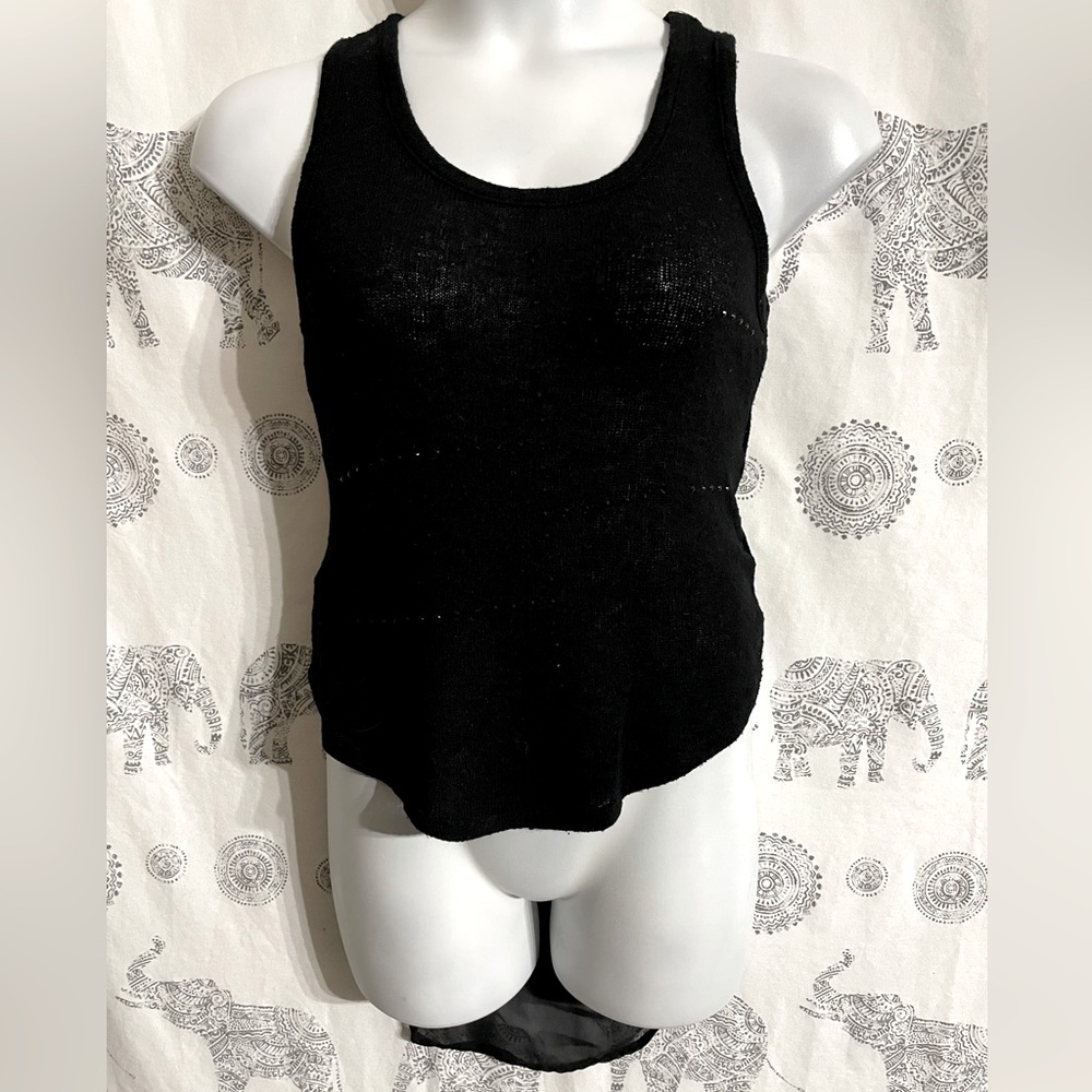 Women’s Medium Moon Collection black knit tank top hogh low sheer back gem stud